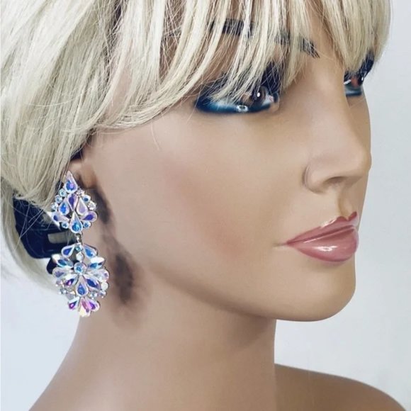 AB Crystal Bridal Pageant Formal Chandelier Earrings Bridal Prom Pageant - Picture 3 of 9